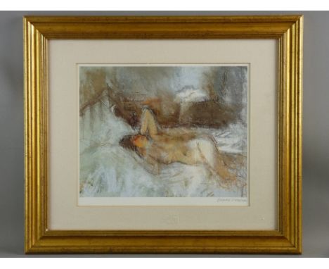 BERNARD DUNSTAN print of a pastel drawing - female nude on a bed, signed in full, 26 x 31 cms