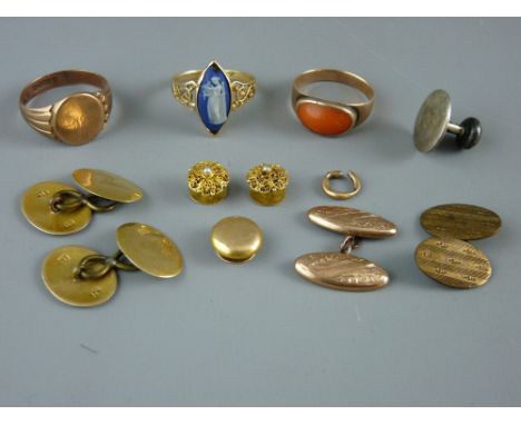 A MIXED LOT OF GOLD LADY'S & GENT'S JEWELLERY including a nine carat gold gent's signet ring and single cufflink, 6.8 grms gr