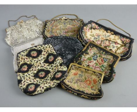 A COLLECTION OF EIGHT VINTAGE & OTHER EVENING BAGS including a petit point example with enamel decoration to the clasp, three