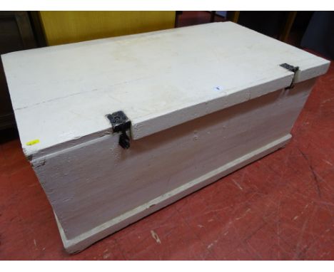 A VINTAGE PAINTED PINE BLANKET CHEST with iron carry handles, 46.5 cms high, 108 cms wide, 58 cms deep