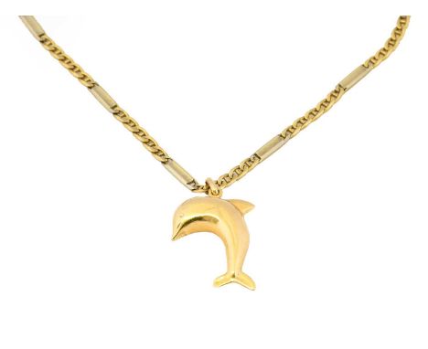 A dolphin pendant on chain, the yellow dolphin motif suspended from a plain polished bale, on a figaro link chain, pendant le