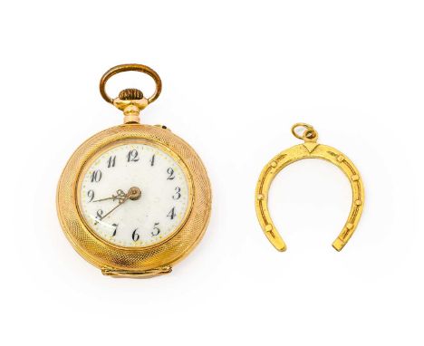 An openfaced fob watch, outer case marked 14K, bright cut engraved with horse shoe motif; circular dial with arabic numerals,