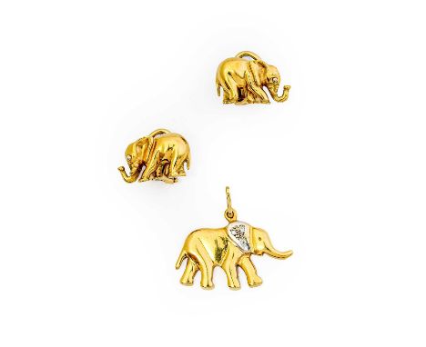 A diamond elephant pendant, the yellow plain polished elephant motif with eight-cut diamond detailing in white claw settings,