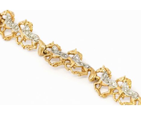 A 9 carat gold horse bracelet, five pairs of yellow chain linked horses set throughout with round cut white paste, to a fancy