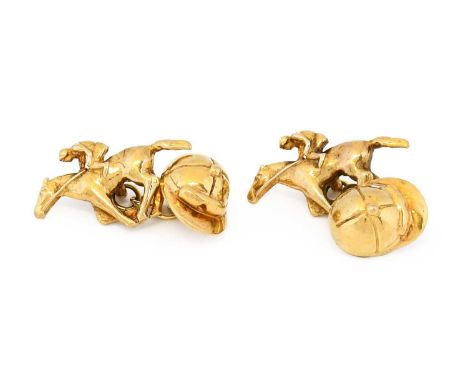 A pair of 9 carat gold cufflinks, a yellow jockey's skull cap chain linked to a horse and jockeyCondition report: The cufflin