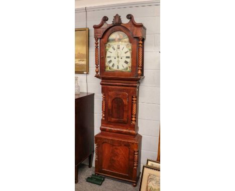 A mahogany eight day longcase clock, arch painted dial signed R Marshall, Wolsingham