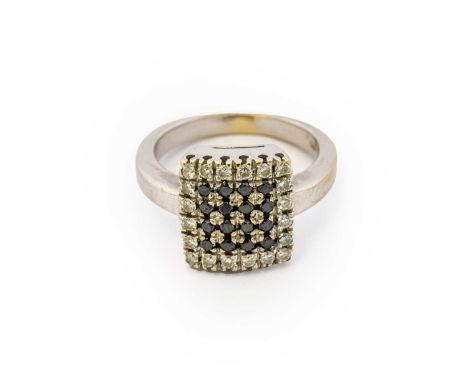 A black diamond and diamond cluster ring, the central lattice formed of eight-cut black diamonds, within a border of diamonds