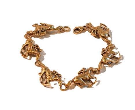 A 9 carat gold horse bracelet, by Harriet Glen, formed of six chain-linked galloping horse and jockey motifs, length19.5cmCon