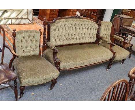 A Victorian carved mahogany button backed sofa in green upholstery, together with a Victorian mahogany framed gentleman open 