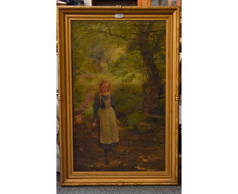 Follower of George Clauson (Late 19th/Early 20th Century)Portrait of a young woman carrying a basket through a wooded landsca