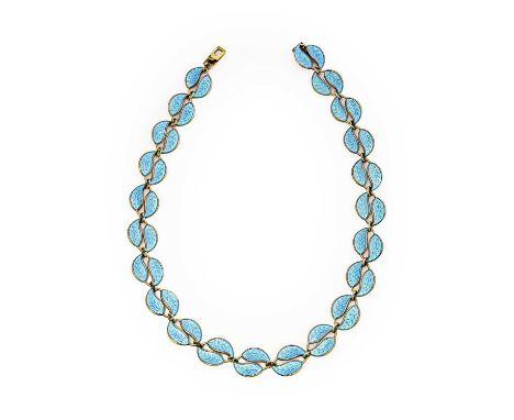 A Norweigian Enamel Necklace, by David Anderson, the double leaf motifs enameled in light blue, length 39.5cmCondition report