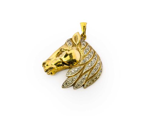 A 9 carat gold horse pendant, realistically modelled as a yellow horses head, the mane set throughout with eight-cut diamonds
