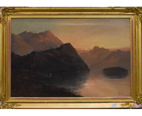 British School (Late 19th/Early 20th Century)An extensive highland landscape with cattle watering at the edge of lakeIndistin