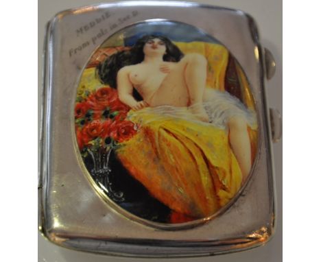 A silver and enamel set card case with nude figure