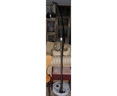 An impressive steel floor lamp on circular marble base, after the iconic FLOS Arco design classic by Achille & Pier Giacomo C
