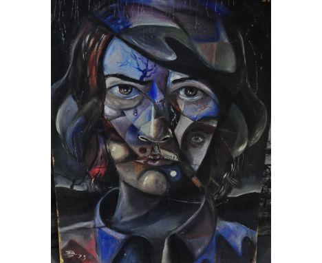Oil on board, a surrealist portrait indistinctly signed and dated '73