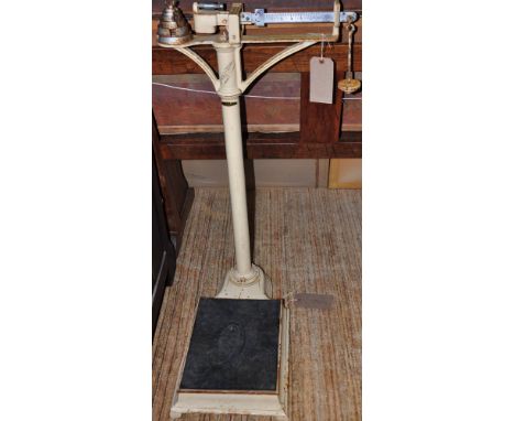 A vintage set of John Bell & Croyden doctor's surgery scales & weights. H. 94cm