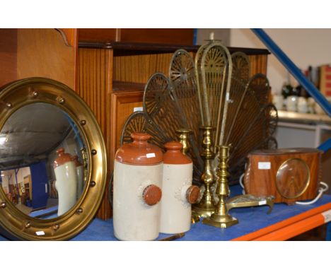 DECORATIVE FIRE SCREEN, MANTLE CLOCK, TRIVET STAND, VARIOUS BRASS CANDLE HOLDERS, WALL MIRROR &amp; 2 OLD CERAMIC BOTTLES   