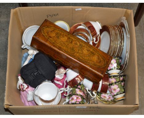 BOX WITH VARIOUS TEA WARE, SWAROVSKI STYLE ORNAMENTS, ROYAL DOULTON FIGURINES, DECORATIVE GLOVE BOX, NORITAKE VASE ETC   