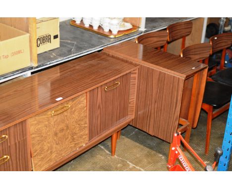 6 PIECE TEAK FINISHED DINING SET COMPRISING SIDEBOARD, GATE LEG TABLE &amp; 4 CHAIRS