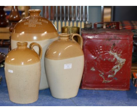3 CERAMIC BOTTLES, BRASS SHELL &amp; VINTAGE SHELL OIL CAN   