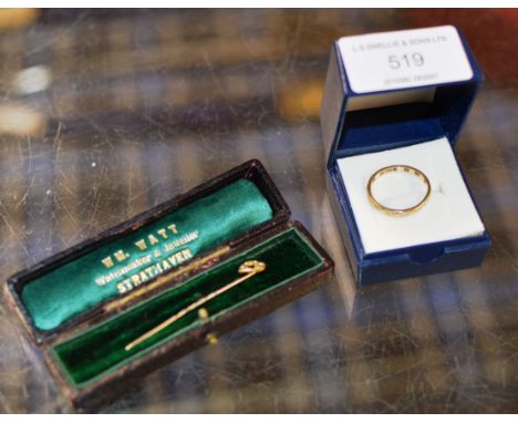 9 CARAT GOLD ETERNITY STYLE RING &amp; GOLD STICK PIN WITH BOX - APPROXIMATE COMBINED WEIGHT = 2.5 GRAMS   
