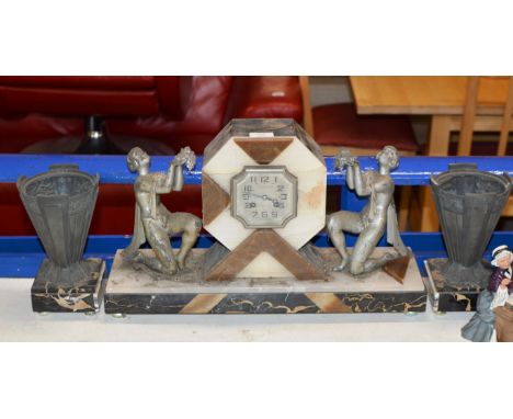 3 PIECE ART DECO GARNITURE SET COMPRISING LARGE STRIKING MANTLE CLOCK &amp; PAIR OF SIDE VASES   