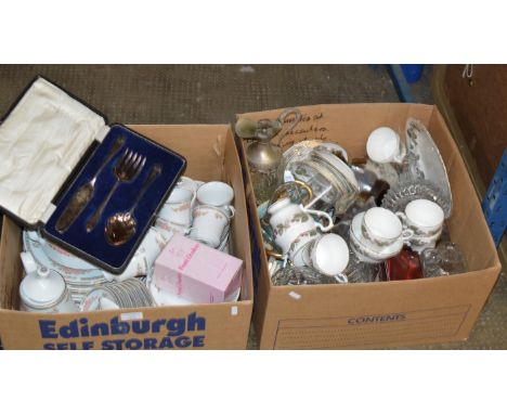 2 BOXES WITH QUANTITY NORITAKE STYLE DINNER WARE, 3 PIECE EP SERVING SET, ASSORTED TEA WARE, DECANTERS, GLASS WARE ETC   