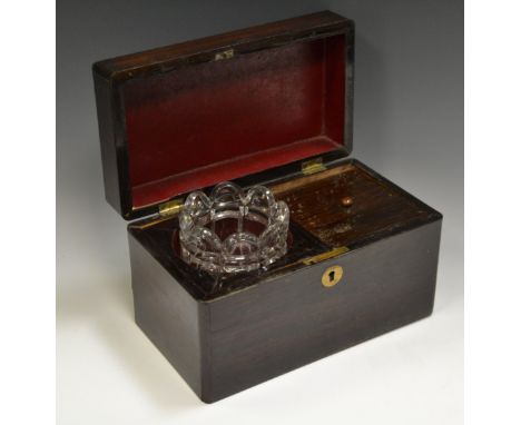 A Victorian rosewood rounded rectangular tea caddy, hinged cover enclosing a bowl and a lidded compartment, c.1860