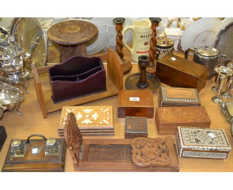 Boxes and Objects - an early 20th century oak standish, with two clear wells, beaded border, pen aperture, 20cm wide, c.1930;
