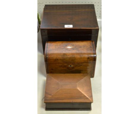 A Victorian Walnut and Tunbridge ware tea caddy, with bat wing patera to angles c1870; a rosewood workbox, c1860; etc (3)