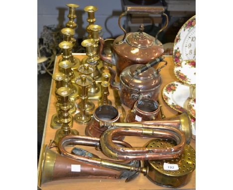 Metalware - various 19th century brass candlesticks; Victorian copper teapot; bugles; ladles; etc 