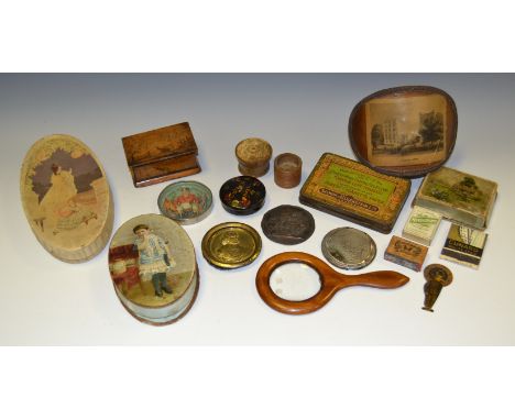An early 20th Century snake charmer cigarette tin by Salmon and Gluckstein Ltd; a treen snuff box; a 19th Century hinged box;