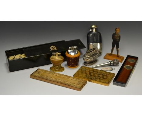 A Ronson table lighters including a Venetion, lacquered pine base, applied patterned leather to waist, original box c.1954, a