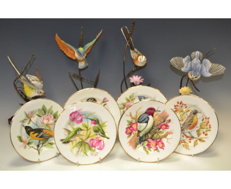 A ceramic model of a Long Tailed Tit standing on ears of wheat; others similar including a Kingfisher, Bluebird; a set of six