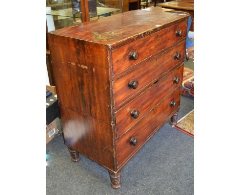 A George III stained pine split chest of four long cock beaded drawers, bobbin turned legs, turned handles c 1820