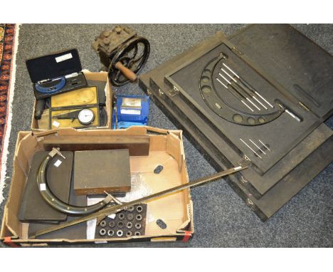 Tools - a substantial Moore and Wright micrometer 949/16-20, cased with attachments; another 945 8-12, cased; others; an earl