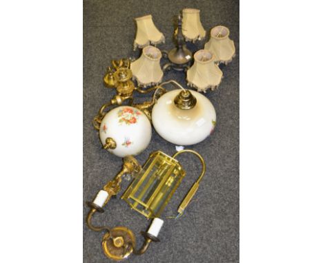 Lighting -  a five branch silver plated scroll arm chandelier; others, gilt metal; sconces; ball suspension light; etc.