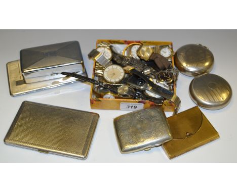 A silver cigarette case, engine turned hallmarked Birmingham, 79.4g; other silver plated; various watches including a lady's 