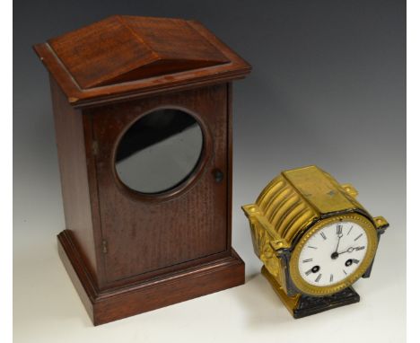 An Edwardian mahogany mantel clock, enamel dial, Roman numerals, architectural pediment,  c.1910