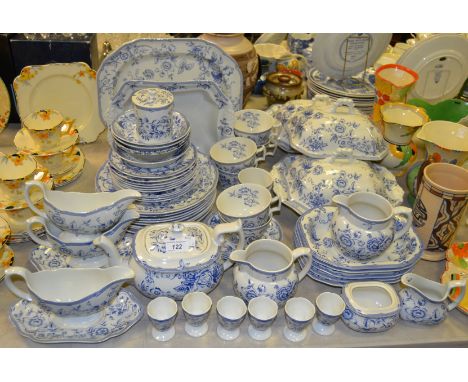 A Spode Clifton pattern part dinner service, made for Laura Ashley comprising dinner plates, serving dishes, jugs and tea pot