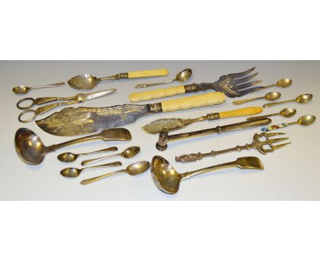 Silver & plate - a 19th century silver heavy gauge bread fork, import marks; various silver teaspoons; ivorine hafted fish se