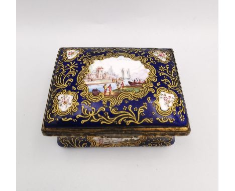 An 18th century royal blue ground Battersea enamel snuff box of rectangular form, finely painted with boats and figures in ca