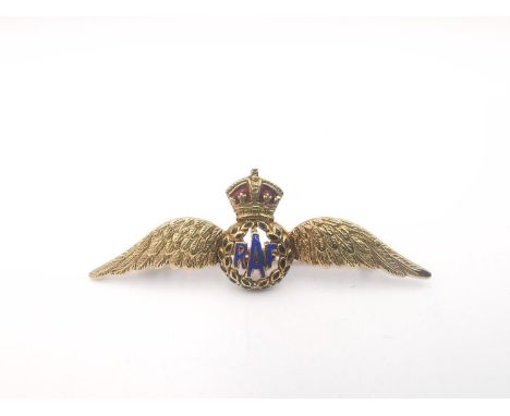 A 9ct yellow gold and enamel RAF sweetheart brooch, blue enamel lettering with red enamel crown. Stamped 9ct. Weight 2.17g. 