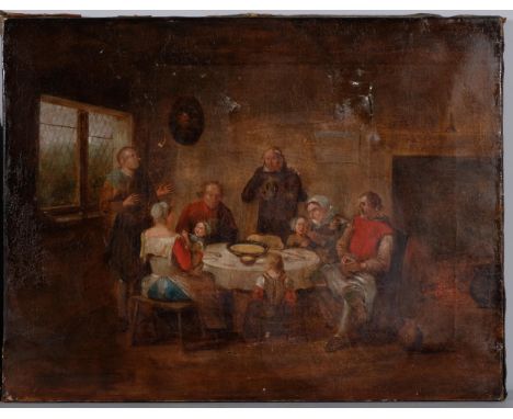 A family gathering, 19th century oil on canvas, unsigned, 45cm x 58cm, and portrait of a soldier, 34cm x 24cm, unframed (2) .