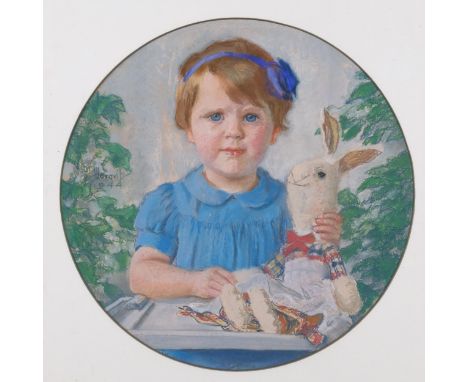 Arnim Horowitz, portrait of a child with a toy rabbit, coloured pastels, signed and dated 1944, 43cm across, framed . Conditi