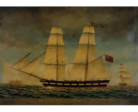Ship portrait, William Thomas of Sunderland, reverse print behind glass, framed, overall frame dimensions 70cm x 90cm . Condi