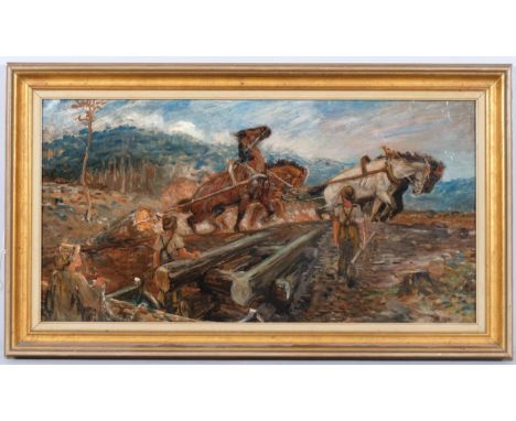 Timber workers, early 20th century oil on canvas, 32cm x 61cm, framed . Condition Report:2 small patch repairs not visible fr