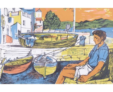 John Minton (1917-1957), lithograph in colours on wove paper, Corsican Harbour, 21.5cm x 14.5cm, mounted, glazed and framed .