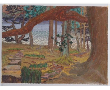 George Poole (1915 - 2000), woodland scene with river, mid-20th century oil on canvas, signed, 56cm x 76cm, unframed . Condit